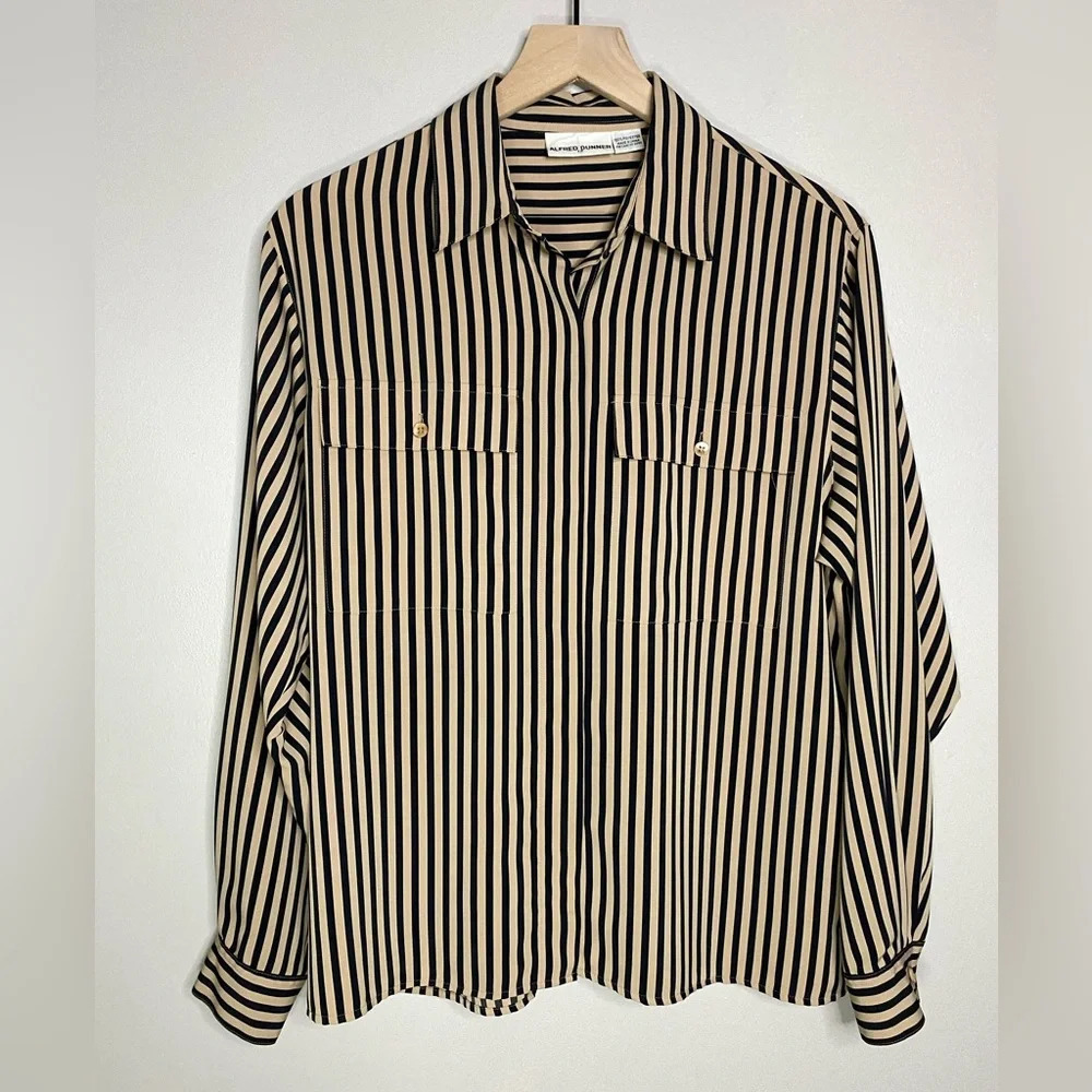 Alfred Dunner Tan Black Striped Button Down Shirt Long Sleeve Pockets Size 12